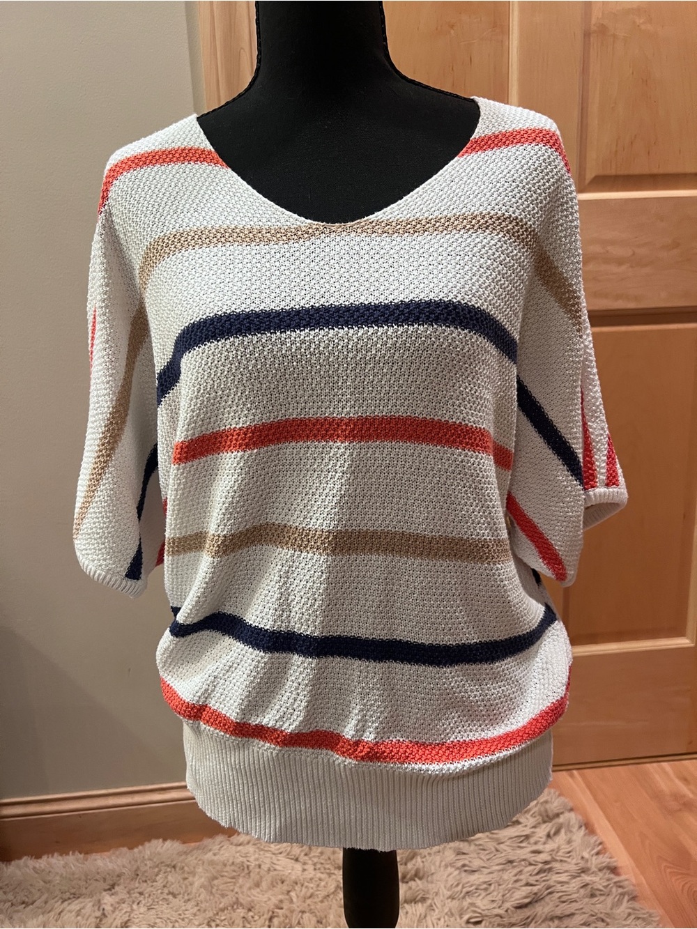 Staccato Women’s Cream Knit Top with Multi-Color Stripes Dolman Short Sleeve L
